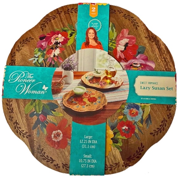 Rare HTF Last Set 🌺 New Pioneer Woman Floral 2-Piece Acacia Wood Lazy Susan - Picture 4 of 8